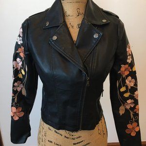 Charlotte Russe Black Floral Embroidered Faux Leather Jacket